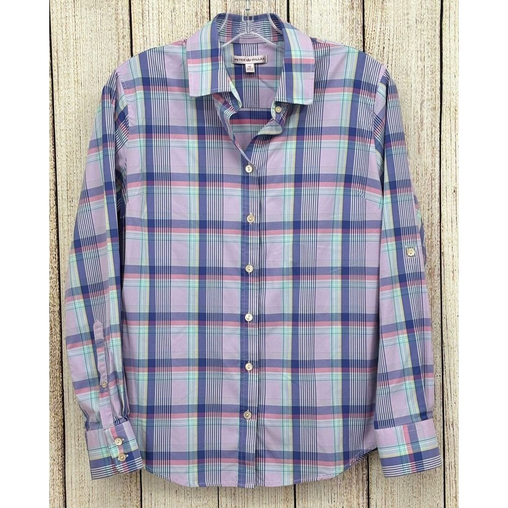 Peter Millar Women's Size Medium Button Up Shirt Fitted Plaid Pastel Long Sleeve